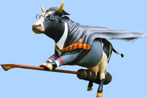 A broomriding cow at the London Cow Parade